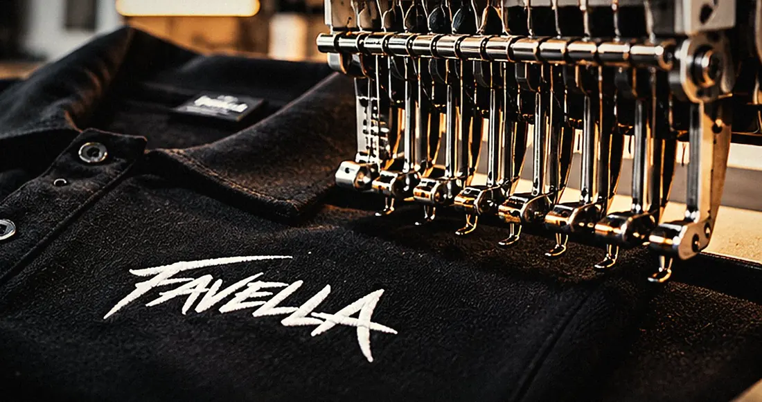 Stickmaschine stickt den Favella-Schriftzug auf ein schwarzes Poloshirt