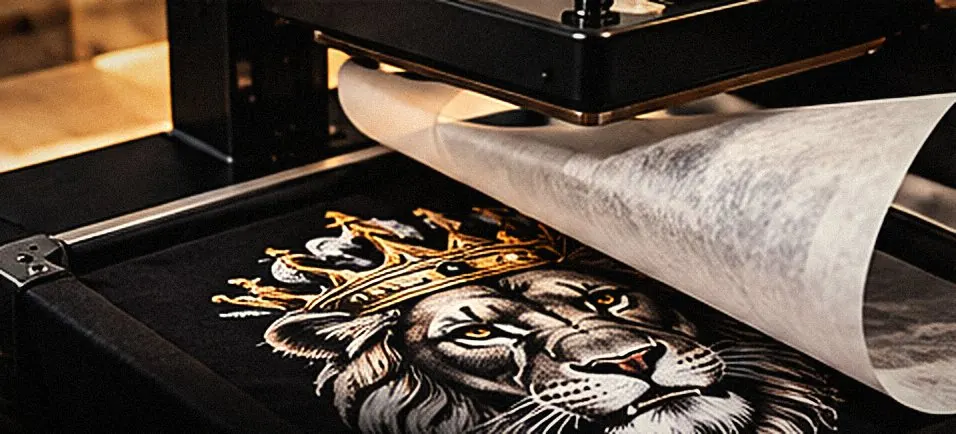 Transferpresse überträgt ein Löwenmotiv mit goldener Krone auf ein schwarzes Shirt