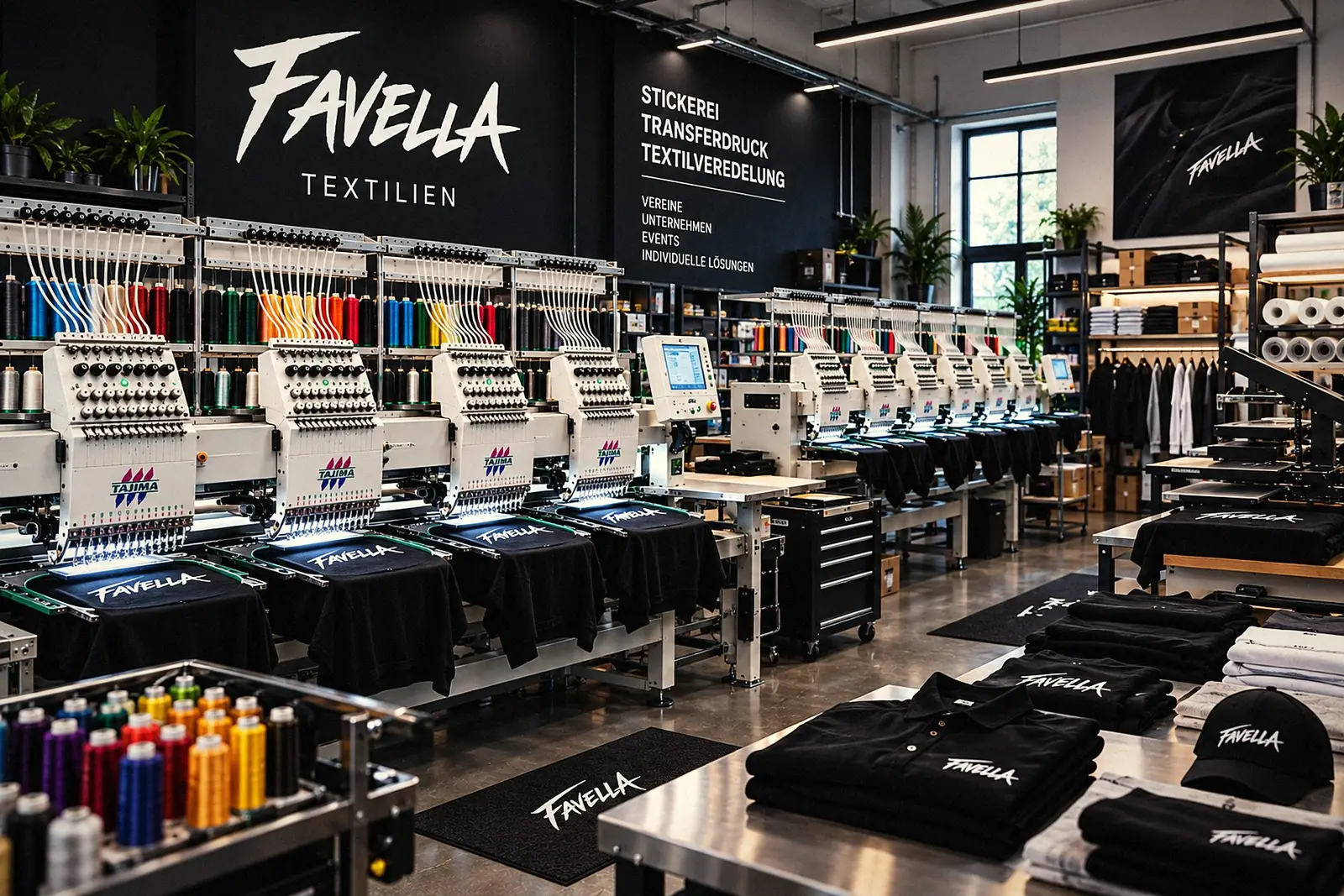 Produktionshalle von Favella mit Reihen von Mehrkopf-Stickmaschinen, Garnrollen und Transferpressen